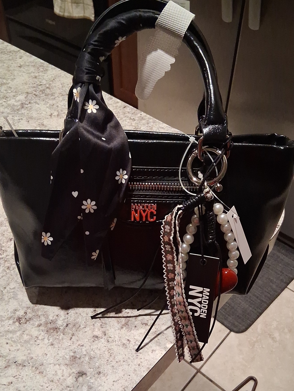 Madden NYC Black Patent Satchel with Decorative Scarf and Charms
